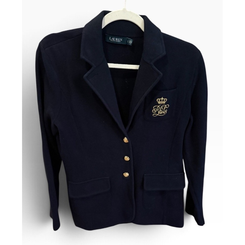 Lauren Ralph Lauren Knit Blazer Women Navy Blue Gold Crest Button Jacket Large